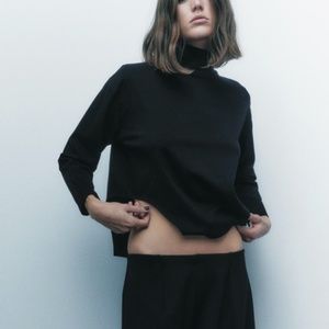 ZARA SMALL BLACK LONG SLEEVE HIGH NECK ASYMMETRIC TOP